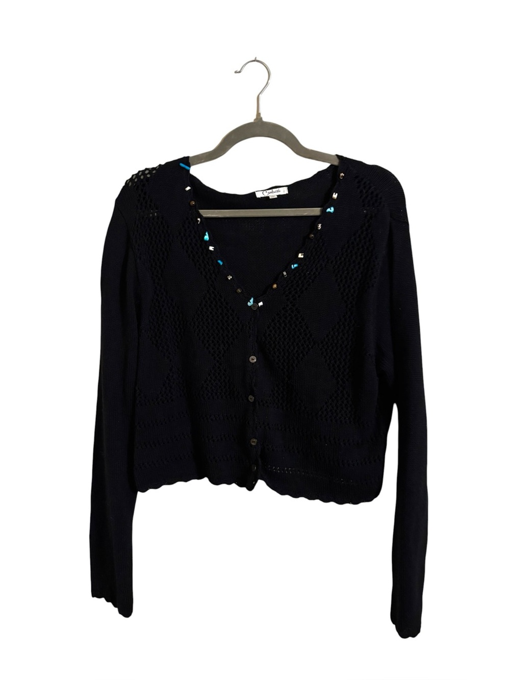 Vintage Carducci Black Cardigan Sweater Beaded Neckline XL